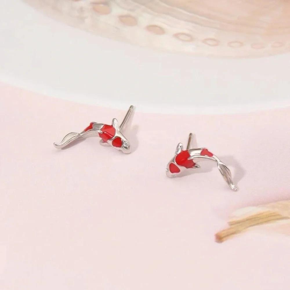🐟 Lovely Silver and Red Koi Fish Stud Earrings 🐟